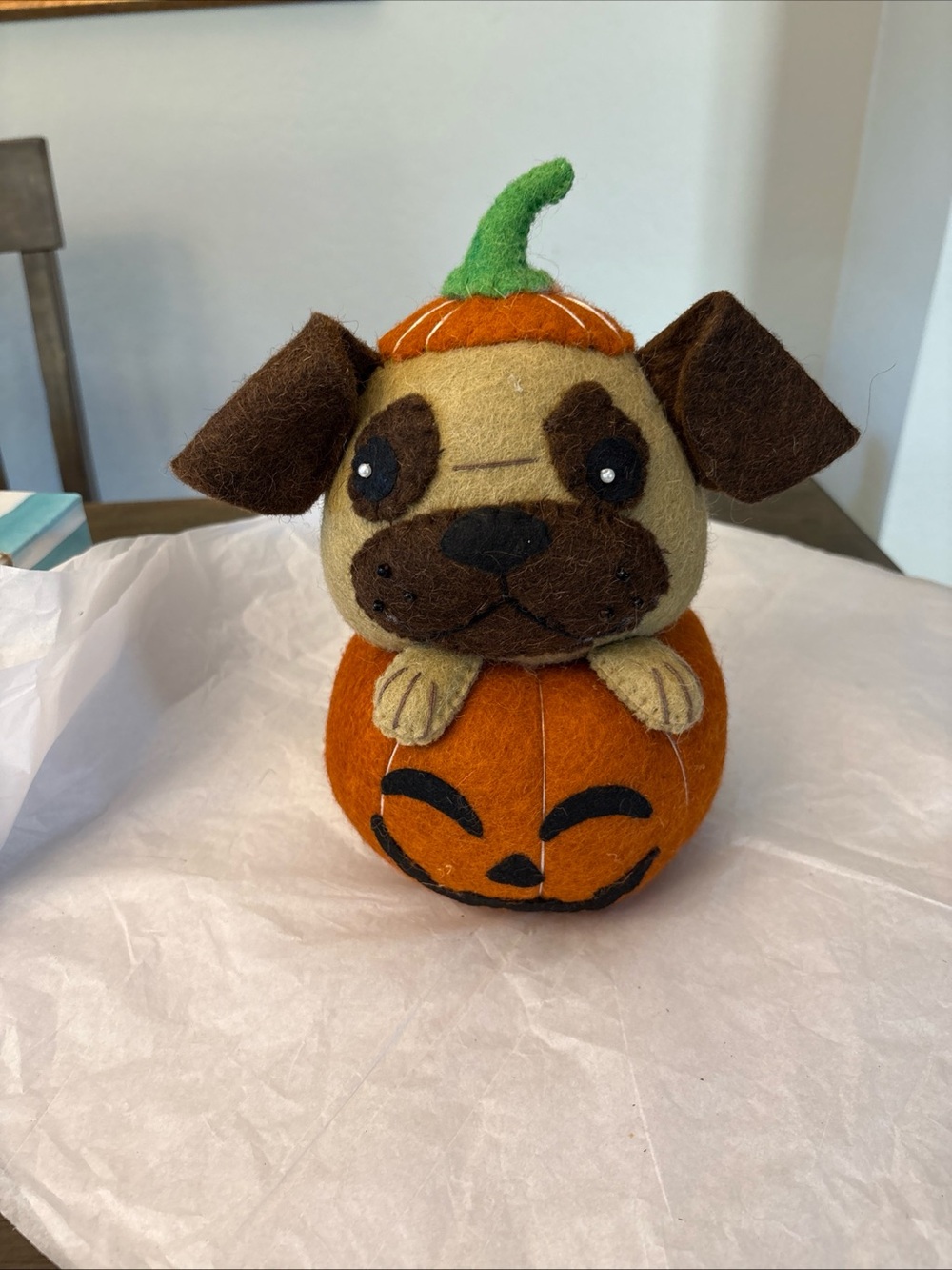 Halloween PUG Wool Plush 11” Jack O Lantern Decor.  New
